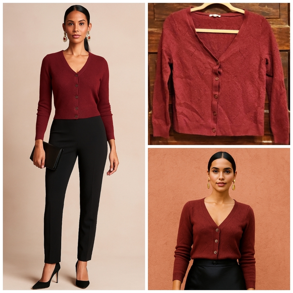 SPLENDID Burgundy Cropped Cardigan Sweater - Tagged XL Fit M/L - Picture 8 of 9
